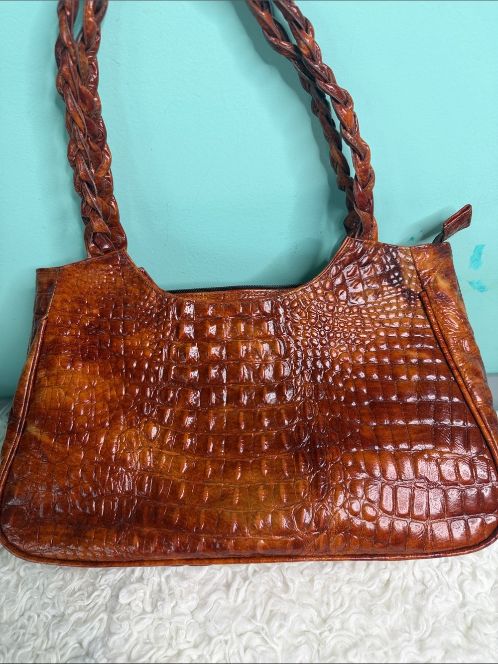 Unbranded Leather Croc-Embossed Leather Shoulder Bag in Rich Brown